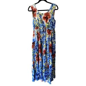 Vintage Floral Cotton Blue Maxi Dress Large Island Girl Flowy Sheer Tiered Femme